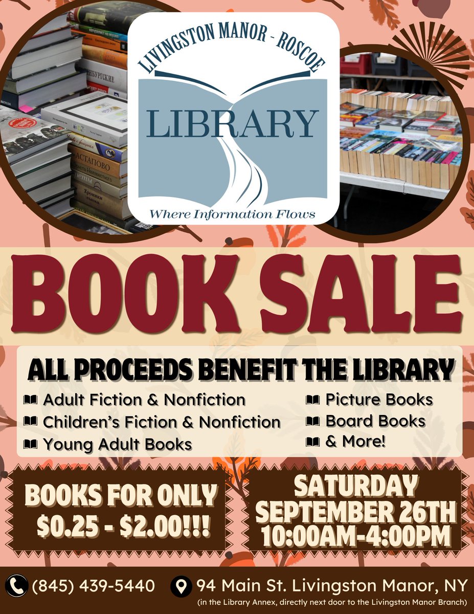 LMR_Library's tweet photo. Don't miss the Library's second date for the Book Sale. Our selection has been restocked!

Stop by TOMORROW, Saturday, September 26th, from 10am to 4pm to browse a wide variety of books, all priced $2.00 or less! All proceeds benefit the Library. https://t.co/YWazknhVtf