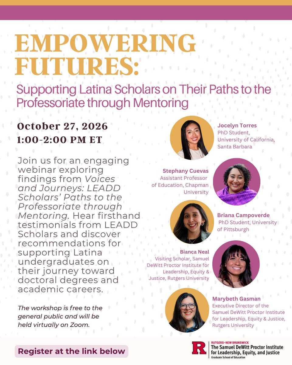 SDPInstitute's tweet photo. Join the conversation on our latest report, "Voices and Journeys: LEADD Scholars’ Paths to the Professoriate through Mentoring." Hear scholar testimonials and recommendations for supporting Latina undergrads pursuing doctoral degrees and academic careers. https://t.co/HKdVIjxBN9