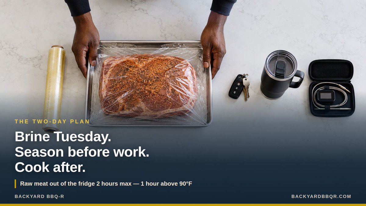 BackyardBBQr's tweet photo. Brine Tuesday evening. Bag it before bed. Season Wednesday morning. Light the grill when you get home. The longest active block in the whole prep is fifteen minutes.

#BackyardBBQR #WeeknightDinner #BBQTips https://t.co/8AlpLEwrHx