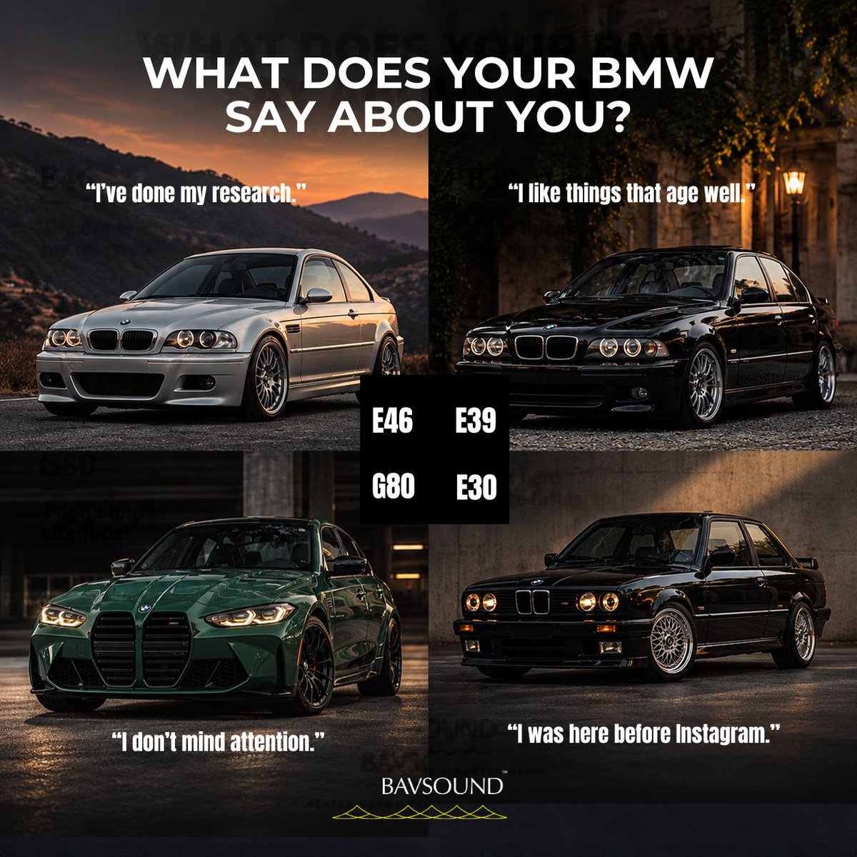 bavsound's tweet photo. Every BMW says a little something about its owner. 👀

The E46 owner has done the research.
The E39 owner appreciates things that age well.
The G80 owner doesn’t mind the attention.
And the E30 owner was here before Instagram existed.

Which one is you? #BMWCommunity https://t.co/g72R1oBax6