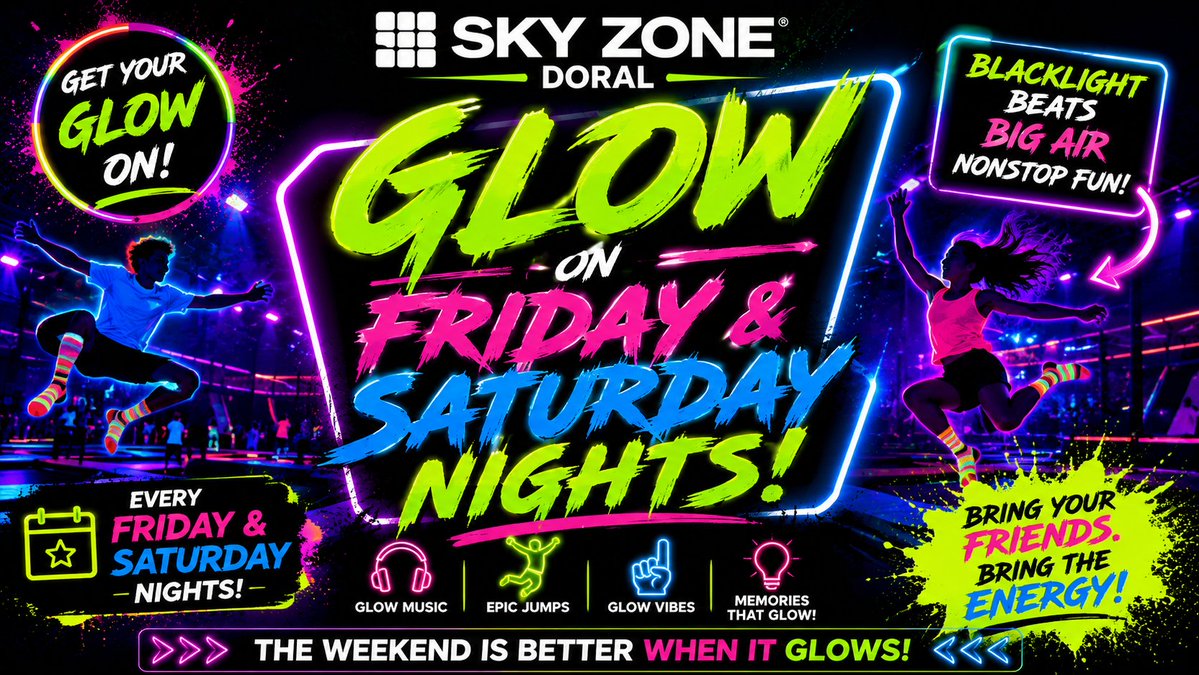 SkyZoneMIAMI's tweet photo. Get ready for a glowing good time! ✨ Join us this Friday from 8PM-10PM for Glow at Sky Zone 🤸🎉. Don't miss out on the fun! #SkyZone #FamilyFun #GlowParty https://t.co/o4Ee4aIIgI