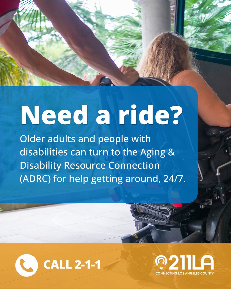 211LACounty's tweet photo. If you are an older adult looking to access services and information on resources that can help improve your quality of life, such as free & low-cost transportation options, call 2-1-1 and ask about ADRC (Aging and Disability Resource Connection) services. #211LA #HealthyAging https://t.co/pOXBVYZgi5