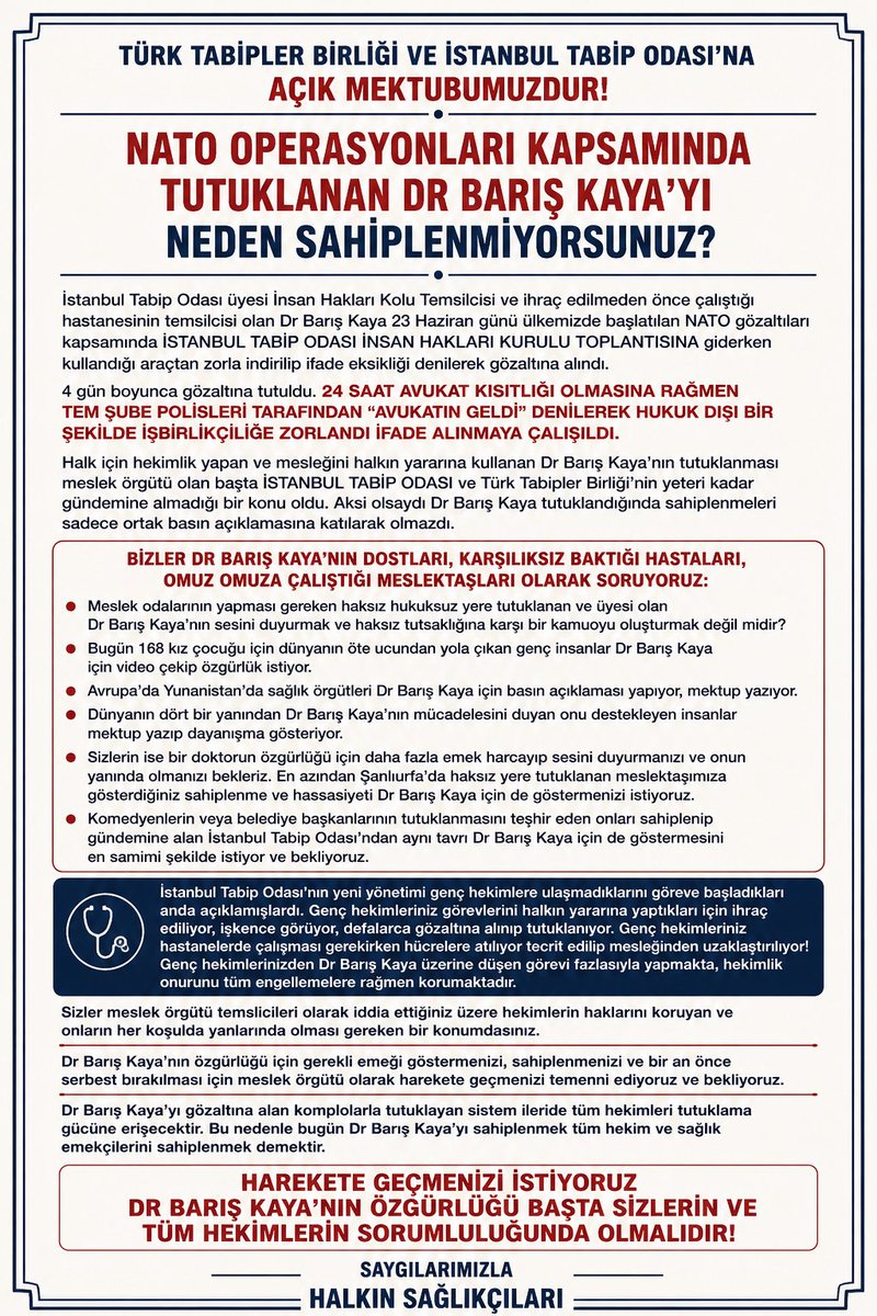 TemelHklrResm8's tweet photo. Temel Haklar Ve Özgürlükler Merkezi/Bülteni:

Halkın Sağlıkçılarından 

Türk Tabipler Birliği(@ttborgtr) ve
İstanbul Tabip Odası(@istabip)'na Açık Mektup

NATO Operasyonları Kapsamında Tutuklanan Dr. Barış Kaya'yı neden Sahiplenmiyorsunuz?

#Adalet https://t.co/CZnItcWLTa