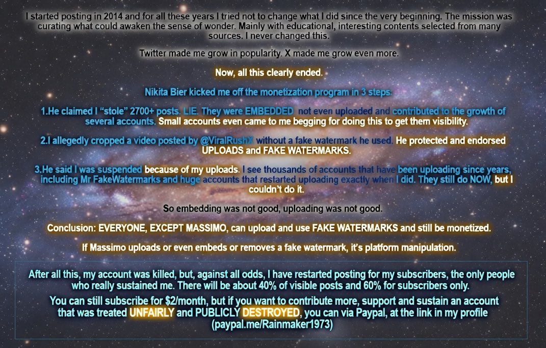 Rainmaker1973's tweet photo. This account is currently being severely deboosted, literally made invisible.

It happens periodically, but the magnitude X is applying to these episodes is growing.

This is a reminder that LOTS of accounts who follow me will not see me anymore.

Don’t forget me. https://t.co/0NqTinJwUT