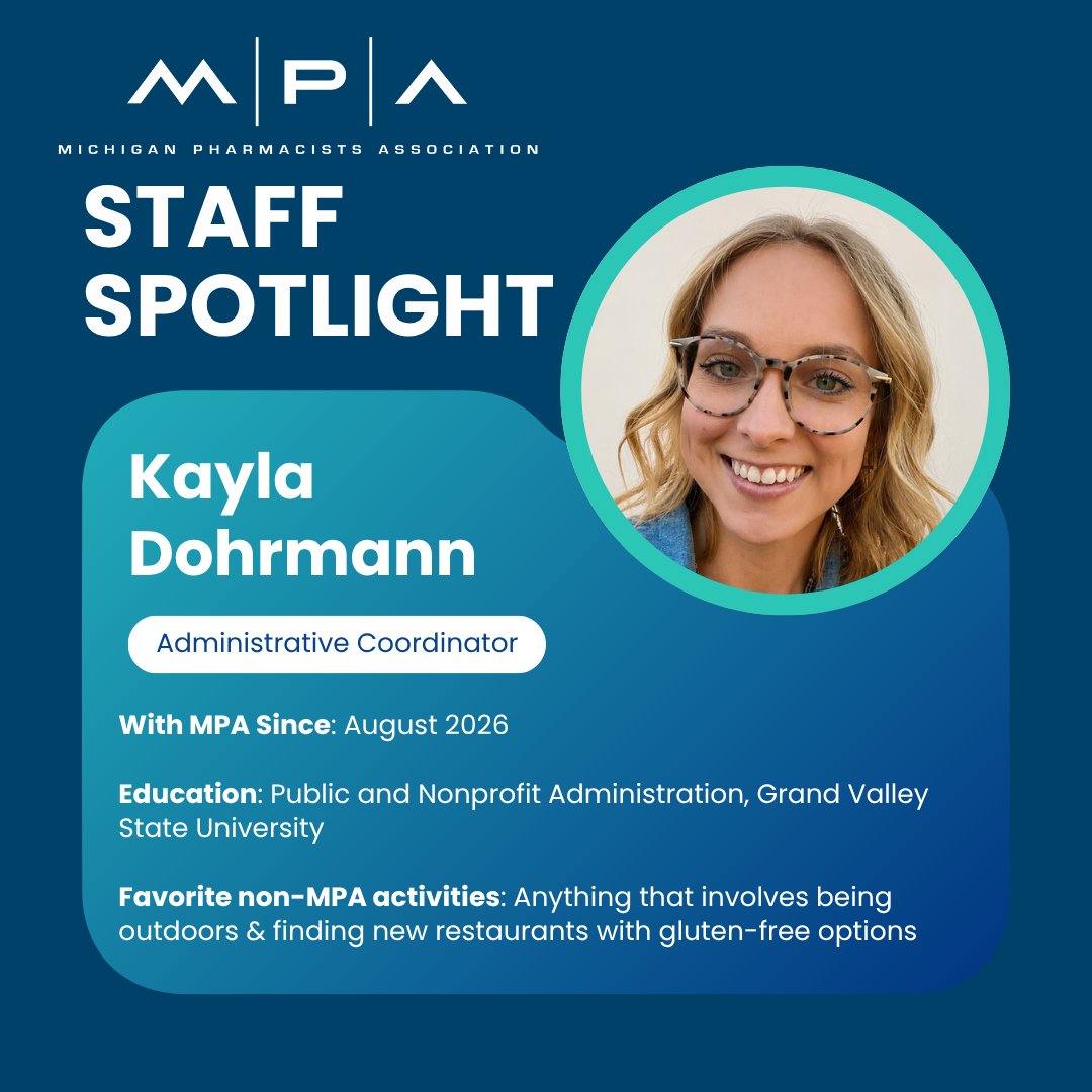 MIPharmacists's tweet photo. Meet our newest staff member, administrative coordinator Kayla Dohrmann! https://t.co/i6OTFEVhOF https://t.co/mq8xsDctlL