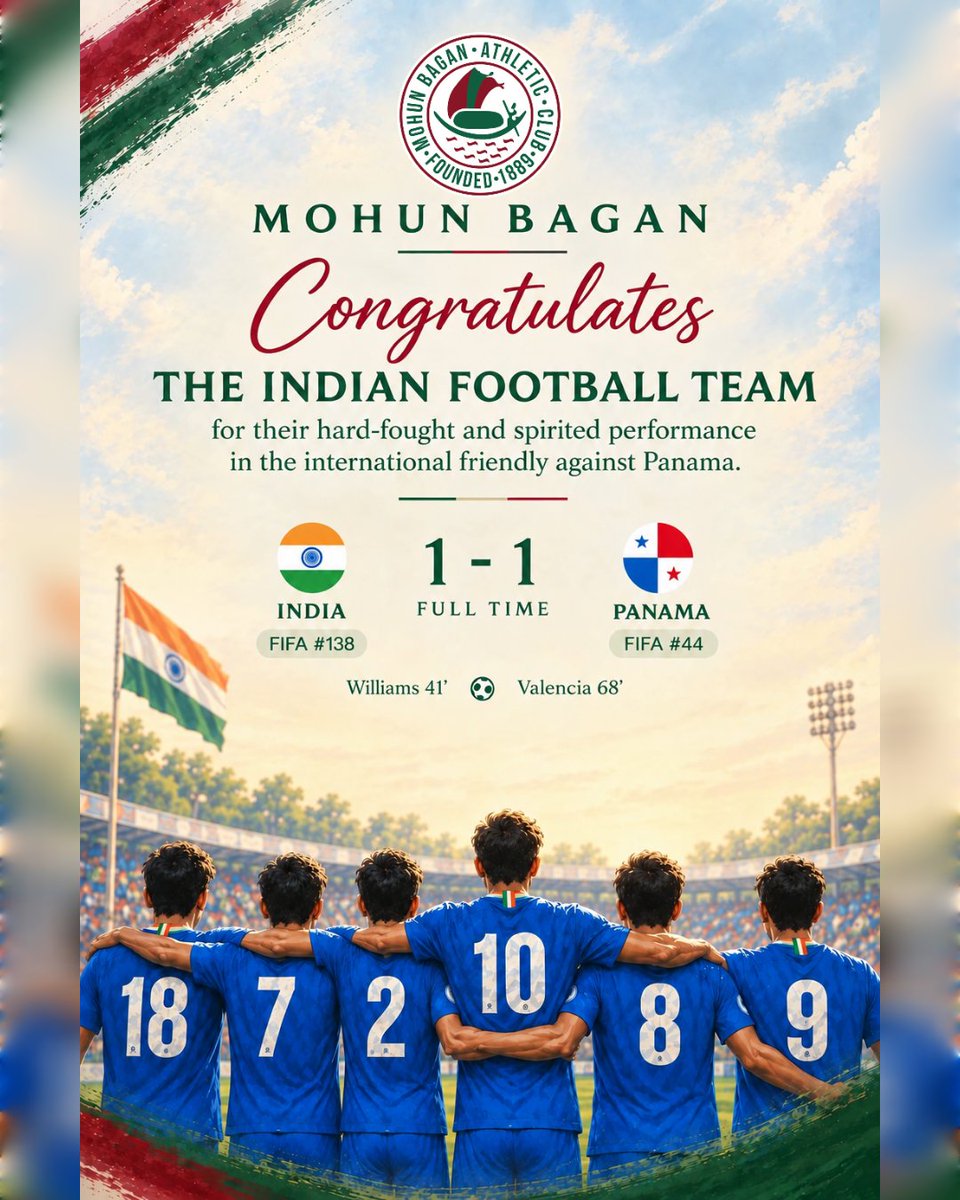 Mohun_Bagan's tweet photo. A spirited 1–1 draw against a Panama side ranked 94 places higher. 🇮🇳

Mohun Bagan congratulates the Indian Football Team for a hard-fought performance. Of the 16 players who featured today, 5 proudly represent Mohun Bagan. 💚❤️

Keep going, Blue Tigers! 🇮🇳

#IndianFootball https://t.co/UrCODuL0bD