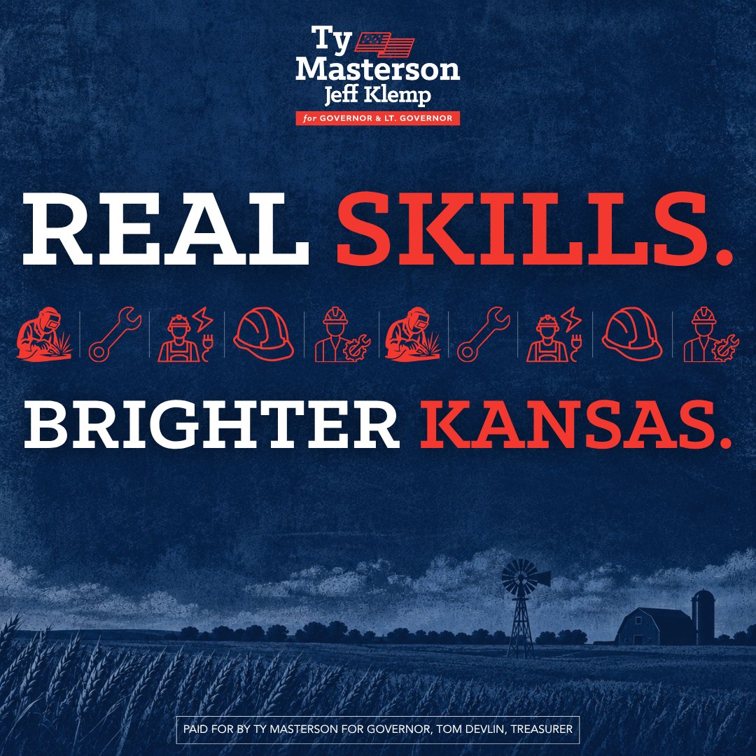 TyMastersonKS's tweet photo. For too long, we’ve told young people there’s only one path to success.

That’s wrong.

Kansas needs welders, electricians, mechanics, builders, technicians, and skilled workers who keep our communities and economy moving.

As Governor, I’ll make career and technical education a priority and make sure Kansas students can graduate ready for a career.

Success should be measured by what you build, not whether you have a four-year degree.