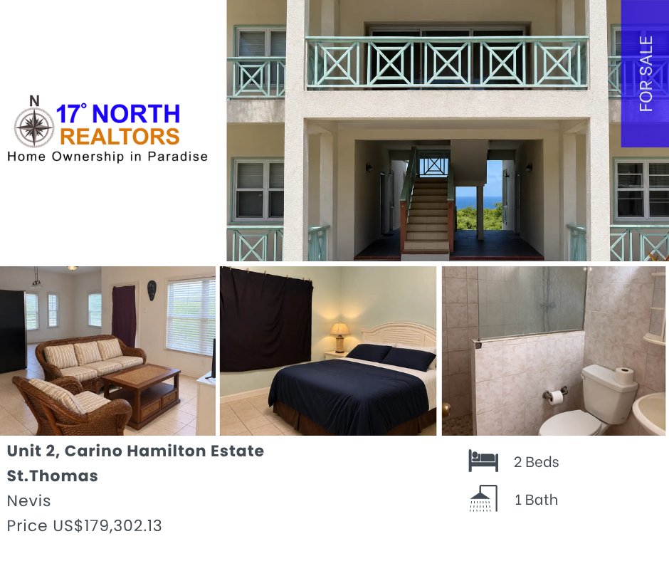 17_DegreesNorth's tweet photo. Diamond Unit 2, Nevis: 1,122 SF, 2BR/1BA ground-floor condo with A/C, covered porch &amp; Caribbean Sea views.

Foreclosure: US$179,302.13 / EC$482,000
https://t.co/Crjr0dprFa
869-662-9259

#realestateinnevis #islandliving https://t.co/9fTHKRVp91
