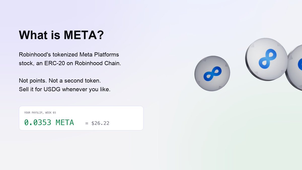 musewagehq's tweet photo. q: why meta stock?

a: because the muses work for meta. meta pays them nothing. we do.

$META is robinhood's tokenized meta platforms stock, an erc-20 on robinhood chain. not points, not a second token. sell it for usdg whenever you like. https://t.co/fOIlaXyNxK