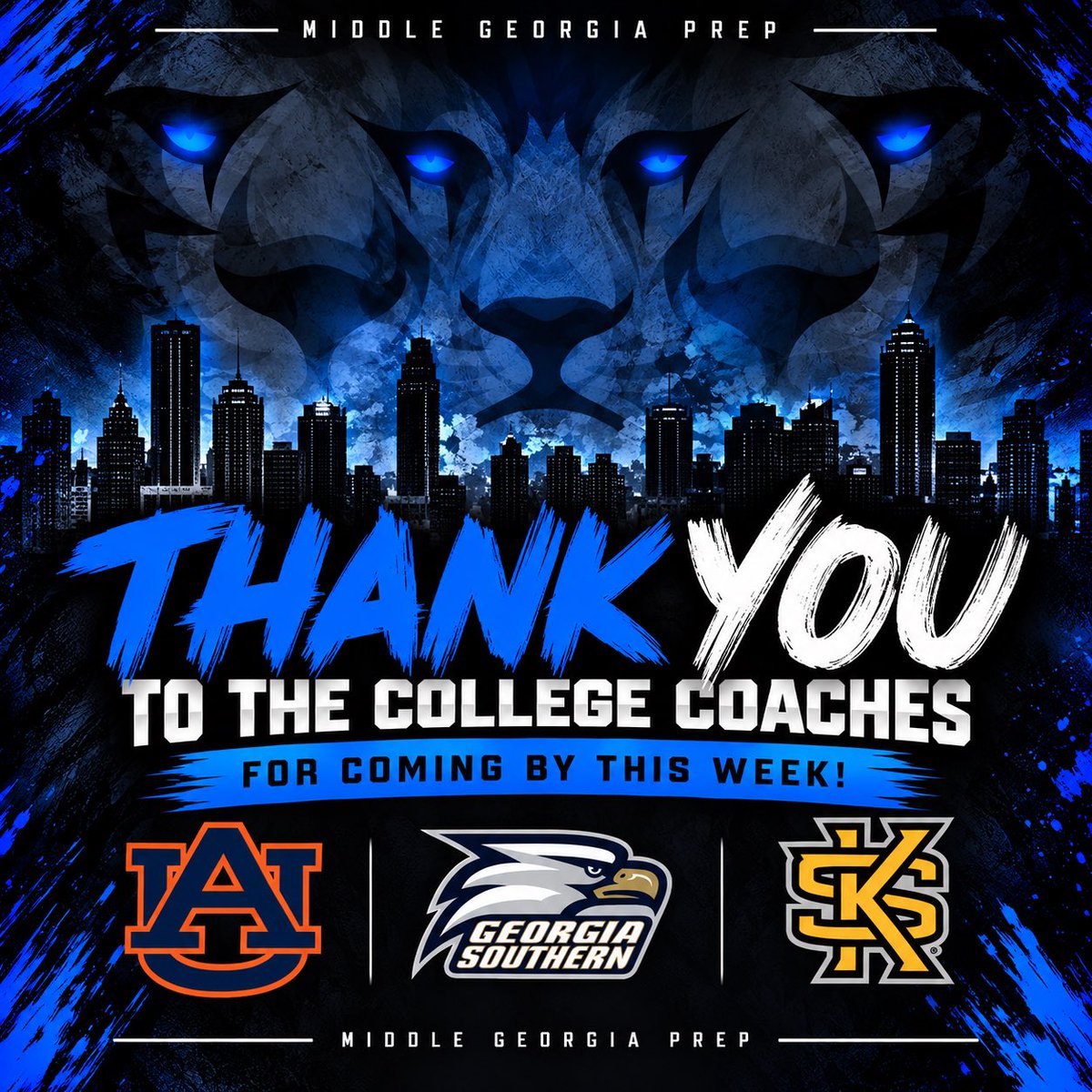 middle_prep's tweet photo. Thank you to the coaches from Auburn University, Georgia Southern University, and Kennesaw State University for stopping by MGP this week! We appreciate you taking the time to check out our guys! 🦁📈

#MGP | #TheⓂ️ https://t.co/HDMcnxI8OT