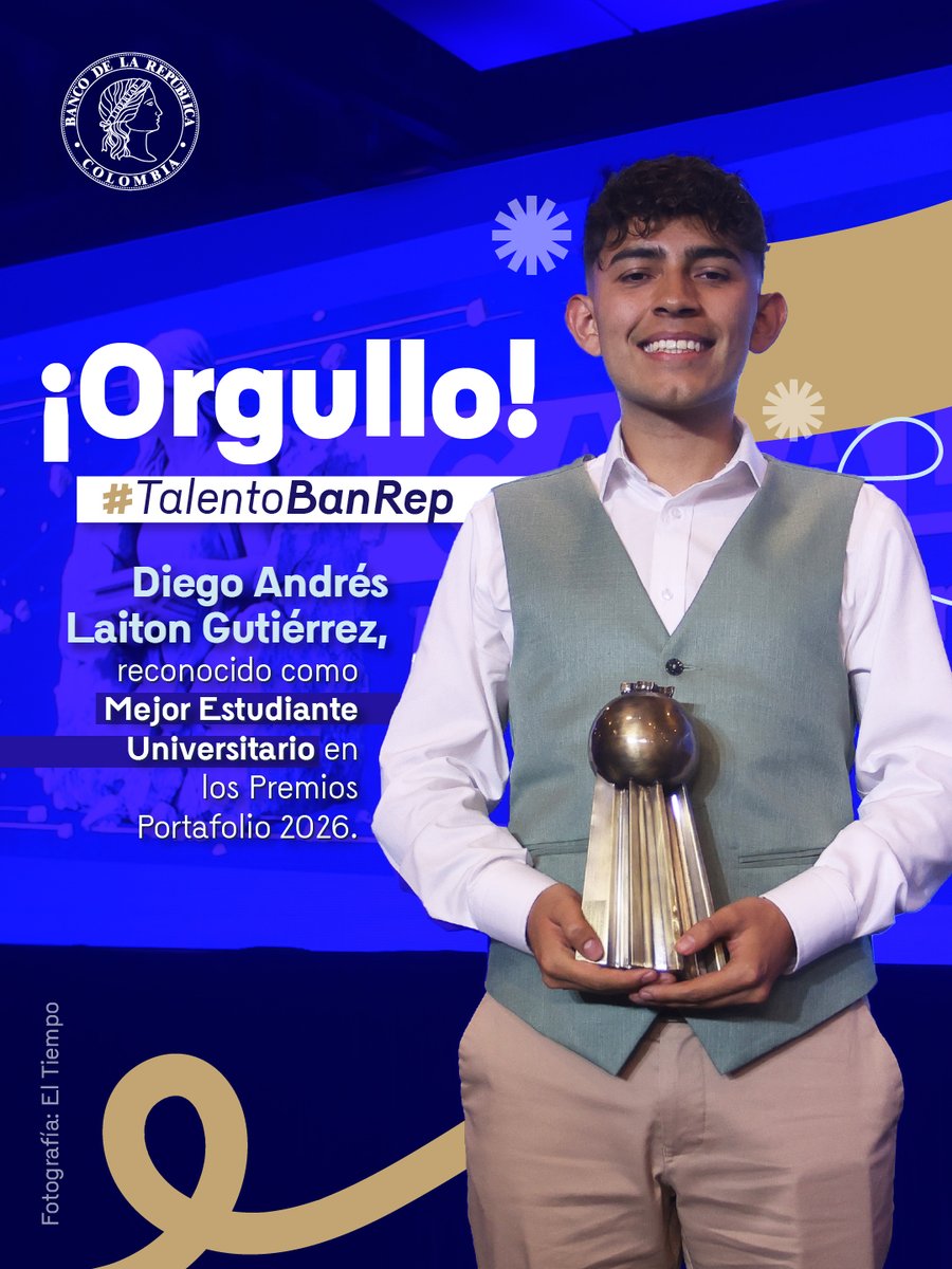 BancoRepublica's tweet photo. 🏆 Diego Andrés Laiton, integrante de nuestro #TalentoBanRep, fue reconocido como Mejor Estudiante Universitario en los Premios Portafolio 2026 (@Portafolioco).
Estudiante de Economía en la Universidad Nacional de Colombia, Diego cuenta con un promedio acumulado de 4,9 sobre 5,0, el más alto registrado en la historia de este pregrado. Su trayectoria también se ha destacado por la docencia y la investigación.
Su historia en el Banco comenzó durante sus prácticas y hoy continúa como parte del Departamento de Modelos Macroeconómicos, gracias a la convocatoria El primer capítulo de tu vida profesional.
👏 Nos llena de orgullo que personas como Diego hagan parte del #TalentoBanRep, un talento que deja huella en Colombia.
