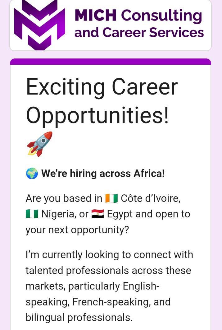 The_Ojn's tweet photo. MICH Consulting Firm is currently hiring for Remote workers.

The candidate must be fluent in English and French,or English and Arabic 

You'll work across Nigeria and Egypt.

kindly confirm the role you're eligible for.

Link👇👇👇👇 https://t.co/ZNo7pIm9fx