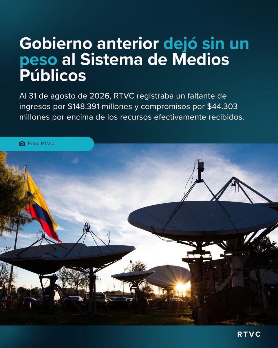 RTVCcol's tweet photo. 🚨 RTVC denuncia que la administración anterior dejó a la entidad en una situación financiera crítica. La falta de recursos amenaza el pago de servicios y arrendamientos de estaciones indispensables para mantener la operación misional 👉🏼https://t.co/3JfsTBVzWi https://t.co/DTV61BUg1p