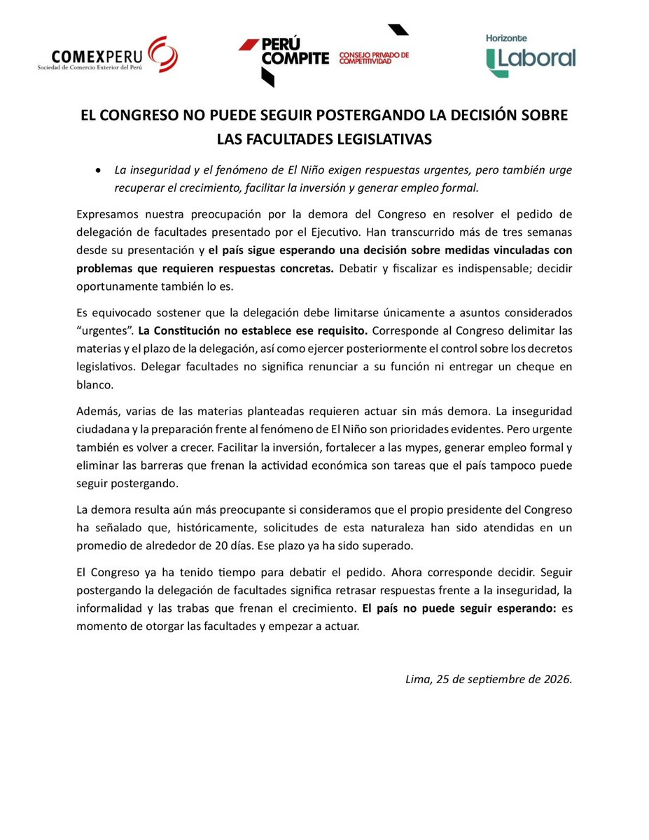 jaime_dupuy's tweet photo. El @congresoperu tiene hoy una decisión importante entre manos: aprobar la delegación de facultades legislativas solicitada por el Ejecutivo. El pedido plantea legislar en materias como seguridad ciudadana, fortalecimiento de las mypes, empleo, simplificación administrativa, eliminación de barreras burocráticas, minería, comercio exterior y modernización del Estado. El debate y la fiscalización son indispensables, pero también lo es decidir oportunamente.

Hay asuntos cuya urgencia resulta difícil de discutir, como la inseguridad ciudadana y la preparación frente al fenómeno de El Niño. Pero también urge recuperar capacidad de crecimiento, facilitar inversiones, promover el empleo formal y combatir la minería ilegal. El Congreso debe revisar, precisar y delimitar donde corresponda. Esa es su función. Pero convertir ese proceso en una demora innecesaria sería perder de vista lo esencial: el país necesita decisiones y reformas.