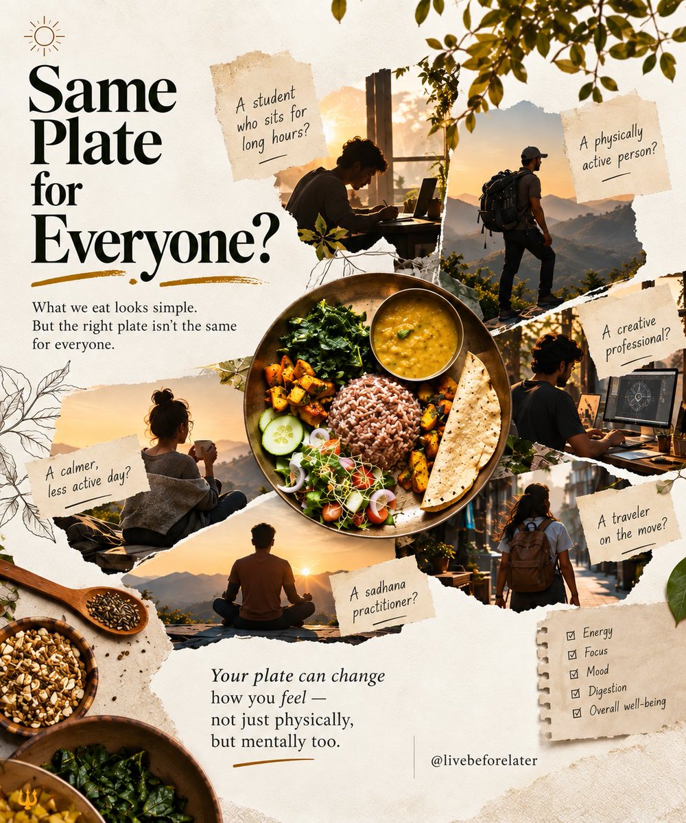 LiveBeforeLater's tweet photo. Does a “healthy plate” look the same for everyone? 🍽️

A student, a desk worker and someone physically active may have very different needs.

Maybe the question isn’t “What’s the perfect diet?”
but “What does my body need for the life I’m living today?” 🌱

#ConsciousEating https://t.co/Nh9A4oX4zU