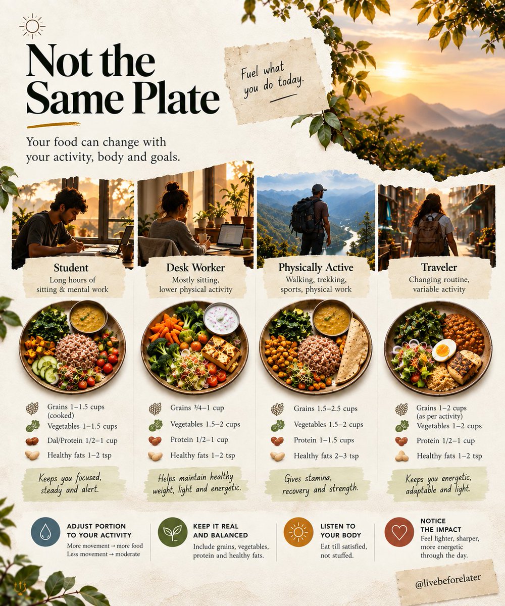 LiveBeforeLater's tweet photo. Does a “healthy plate” look the same for everyone? 🍽️

A student, a desk worker and someone physically active may have very different needs.

Maybe the question isn’t “What’s the perfect diet?”
but “What does my body need for the life I’m living today?” 🌱

#ConsciousEating https://t.co/Nh9A4oX4zU