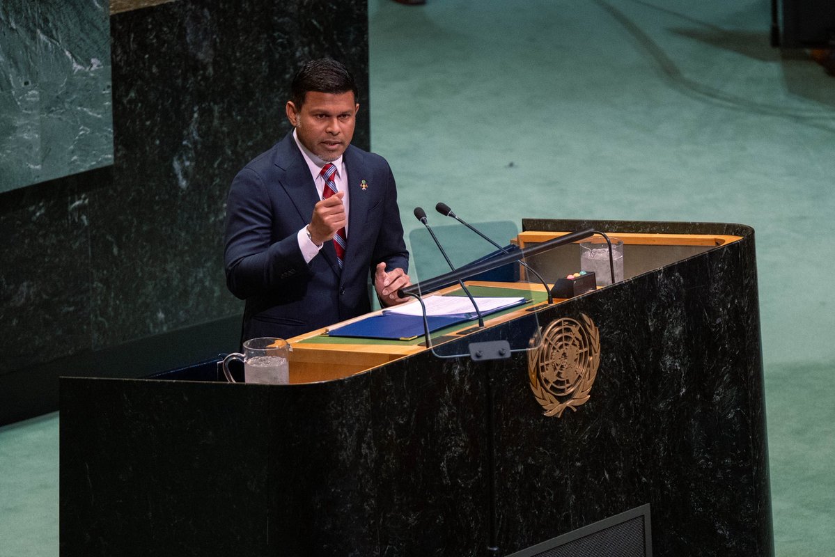 presidencymv's tweet photo. At the #UNGA81 General Debate, His Excellency Vice President Uz @HucenSembe delivers the Maldives National Statement, outlining national development priorities and reaffirming the ambition to become a developed nation by 2040.

Advocating on behalf of SIDS, he called for urgent climate finance and debt sustainability, alongside stronger international cooperation for comprehensive UN reform, an end to the genocide in Palestine, and progress for all.

#MDVatUNGA81