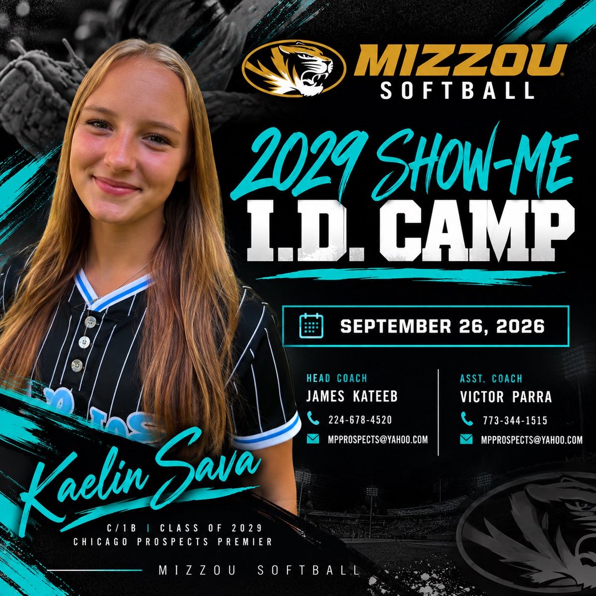 ChiProspects16u's tweet photo. Good luck to Kaelin Sava as she heads to the Mizzou Show-Me I.D. Camp tomorrow! 🥎🐯

Go compete, have fun, and show them what you’ve got! 💪🩵🖤

#ChicagoProspectsPremier #MizzouSoftball #ShowMe #ClassOf2029 #ProspectsPremier https://t.co/hTu5zs7w9y