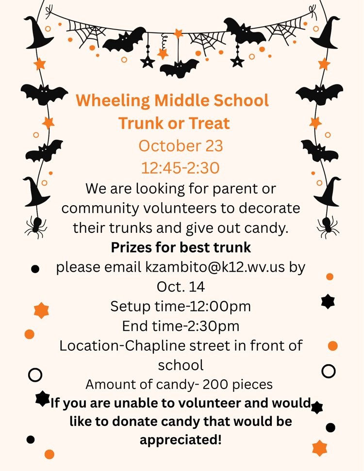 WmsBoosters's tweet photo. Join us at Wheeling Middle School for our second annual trunk-or-treat! We are excited to bring our students, families, and school community together for a fun and safe Halloween celebration! https://t.co/ObPOVLJMiV