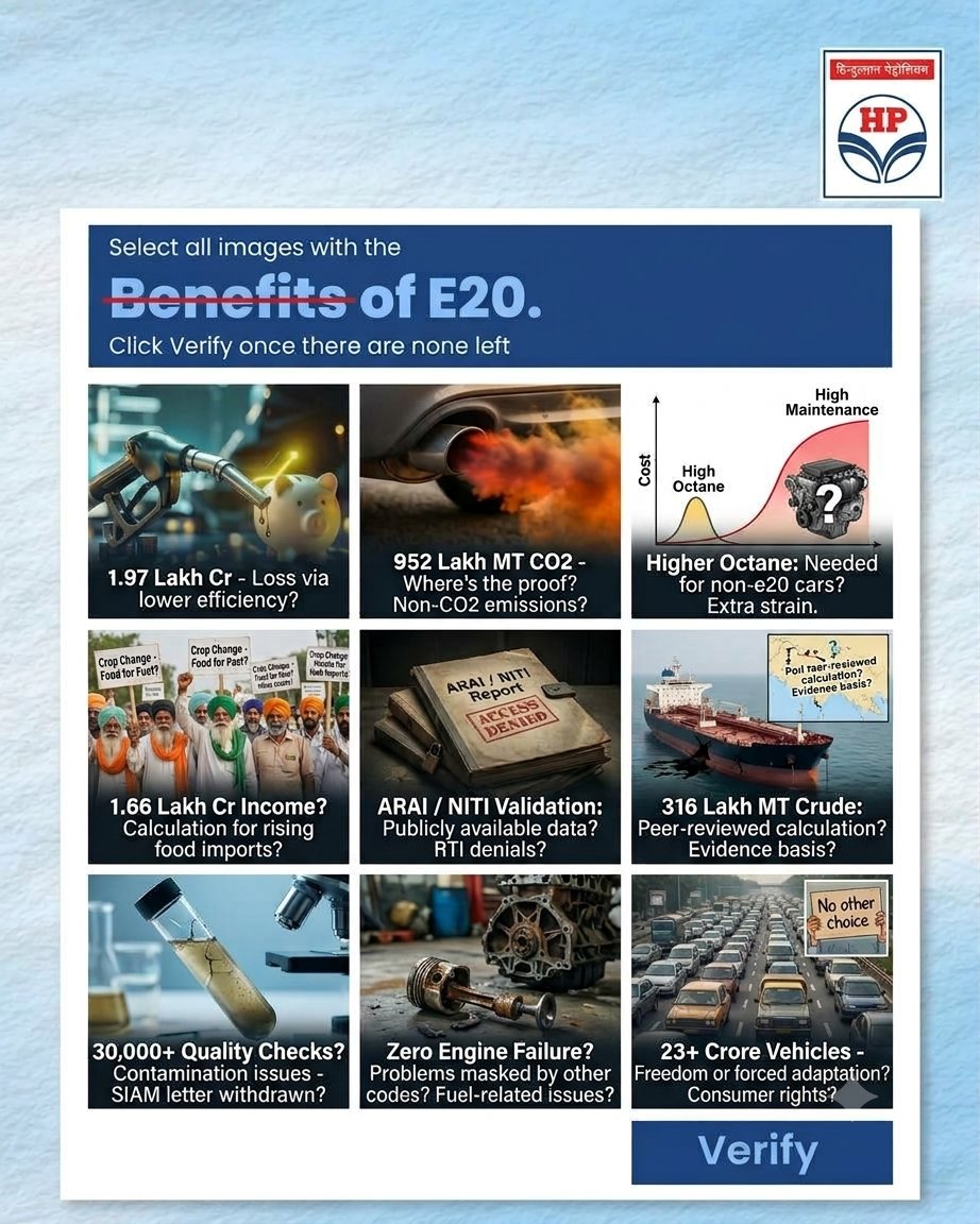 nachiket1982's tweet photo. CAPTCHA Failed: The "Benefits" of E20 Don’t Add Up.
Before buying into polished infographics, here are 9 hard questions every consumer and policymaker should be asking:

 * ₹1.97 Lakh Cr Forex Saved? Where is the net calculation? Pure volumetric substitution means nothing if you ignore the drop in fuel efficiency and higher consumption per kilometer.

 * 952 Lakh MT CO_2 Reduced? Where is the peer-reviewed life-cycle assessment? What about the surge in unregulated emissions like aldehydes and NO_x from running older, non-E20 engines on high blends?

 * Higher Octane Rating? Octane isn't free horsepower. If an engine's compression ratio and ECU aren't tuned for it, higher octane provides zero benefit - it’s just a marketing buzzword.

 * ₹1.66 Lakh Cr Farmer Income? Farmers sell raw crops, not distilled ethanol. Has anyone factored in the net loss from shifting acreage away from pulses and edible oils, driving up India's import bills?

 * ARAI & NITI Scientific Validation? Where are the open-access test reports? When citizens file RTIs seeking long-term engine durability and material degradation data, why are they repeatedly stonewalled?

 * 316 Lakh MT Crude Substituted? Claiming massive crude displacement without accounting for the fossil energy consumed in ethanol distillation, transport, and efficiency penalties is bad math.

 * 30,000+ Quality Checks? Water contamination, phase separation, and fuel pump clogging tell a different story on the ground. Quality control on paper doesn't fix a fuel that naturally pulls moisture from the air.

 * Zero Engine Failures Reported? Service centers simply blame "poor fuel quality" or "wear and tear," while OEMs are restricted from officially tagging E20 as the root cause. A lack of paper trail isn't proof of reliability.

 * 23+ Crore Vehicles Running? They aren’t running by choice. When unblended or e10 fuel is systematically pulled from pumps, that isn't consumer adoption - it’s a captive market with zero alternatives.

True sustainability requires transparency, consumer choice, and hard engineering data - not unverified PR claims.

#EthanolScam #PRFail