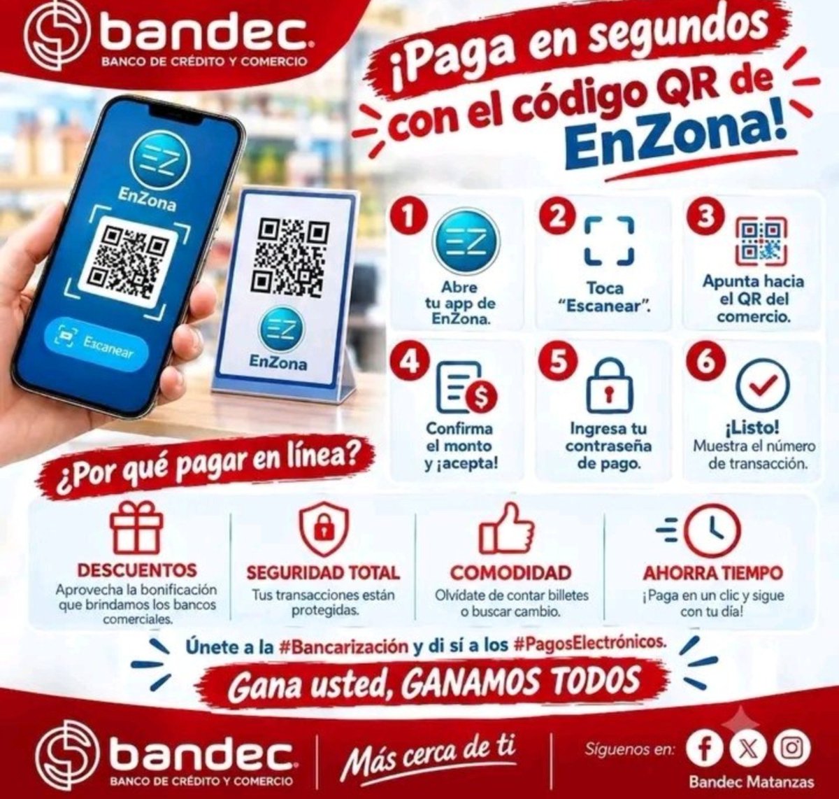 GlezRomero86's tweet photo. 📲💳 ¡Paga en segundos con el código QR de #EnZona!
📣Hacer tus #PagosElectrónicos es fácil, rápido y seguro. Solo tienes que:
1️⃣ Abrir EnZona.
2️⃣ Seleccionar “Escanear”.
3️⃣ Escanear el QR del comercio.
4️⃣ Confirmar el monto.
5️⃣ Introducir tu contraseña de pago. #Mayabeque https://t.co/QY0r0w6G22