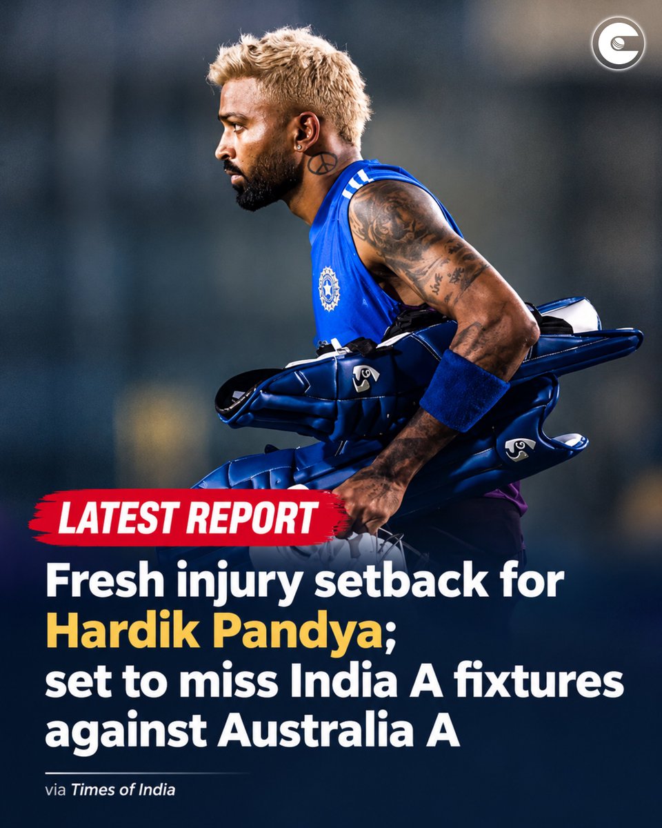 circleofcricket's tweet photo. Hardik Pandya’s return to competitive cricket has been postponed again, as he's set to miss India A's three matches against Australia A.

Hardik reported pain in his right shin this week and underwent scans. The BCCI medical team overseeing his recovery has recommended more rest. https://t.co/jw8aMjn9KI