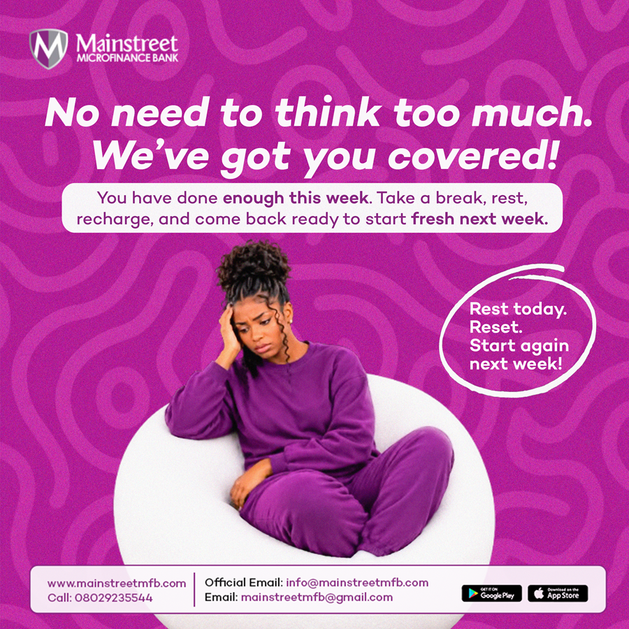 Mainstreetmfbng's tweet photo. No need to think too much. We’ve got you covered! 💜

You’ve done enough this week. Take a break, rest, recharge, and come back ready to start fresh next week. ✨

Rest today. Reset. Start again next week! 💜

#MainstreetMFB #WeekendVibes #RestAndRecharge #StartFresh #WeveGotYouCovered