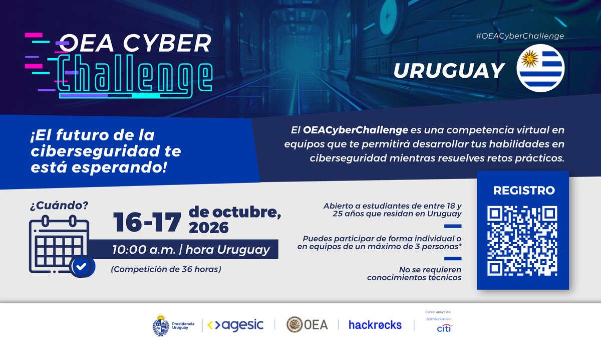 OEA_Cyber's tweet photo. ¿Tenés entre 18 y 25 años, vivís en Uruguay 🇺🇾 y te gustaría descubrir hasta dónde podés llegar en ciberseguridad? 👾🛡️

Llega el #OEACyberChallengeUruguay, una competencia virtual para acercar a jóvenes de todo el país al mundo de la ciberseguridad a través de desafíos prácticos.

Y lo mejor: no necesitás conocimientos técnicos para participar.

¿Quién puede participar?
✅ Jóvenes de 18 a 25 años.
✅ Residentes en Uruguay 🇺🇾.
✅ Sin necesidad de experiencia o conocimientos técnicos previos.

📅 16 de octubre.
📝 Inscripciones hasta el 14 de octubre.

Más info e inscripción:
https://t.co/dTmS1pmT6w