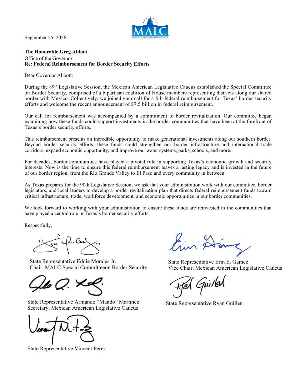 MALCTx's tweet photo. Texas fought for this $7.5B federal reimbursement, now it’s time to reinvest it where it’s needed most.

We’re calling on @GovAbbott to work with border leaders on a revitalization plan focused on critical infrastructure, international trade, and economic development. #TXLege https://t.co/amuRvH7mIH