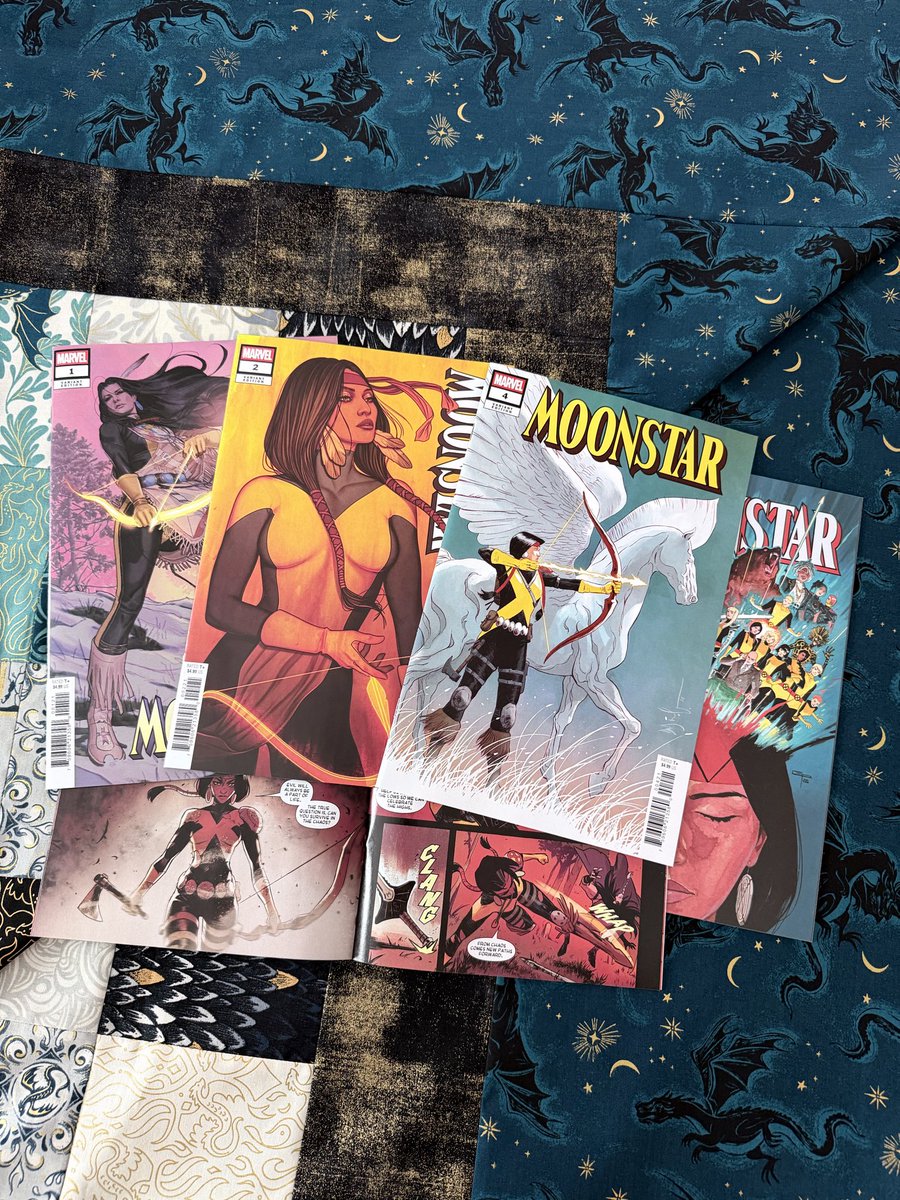 VGDesigns's tweet photo. Happy National Comic Book Day! 📖❤️ I love picking up stories about women superheroes, and Moonstar is awesome. Comics always look cool with a new quilt, and we are finishing this Legendary Dragon quilt soon.

Who is your favorite female superhero? https://t.co/jfwbGOPBOq