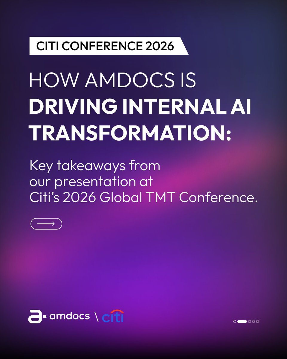 Amdocs's tweet photo. What does it take to transform a company from within?

At @Citi’s 2026 Global TMT Conference, Amdocs President and CEO Shimie Hortig, discussed the company’s four-pillar growth strategy, including the internal AI transformation helping Amdocs become an agentic-first organization.

Thank you to Citi for the insightful conversation.

More info here: https://t.co/abchJRqlof

#Amdocs #aOS #CitiConference