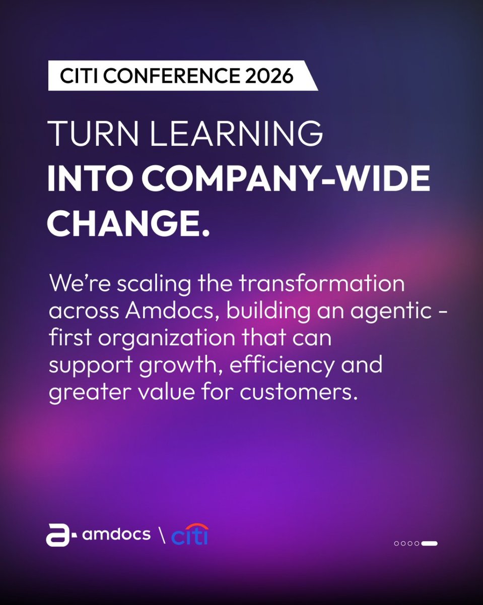 Amdocs's tweet photo. What does it take to transform a company from within?

At @Citi’s 2026 Global TMT Conference, Amdocs President and CEO Shimie Hortig, discussed the company’s four-pillar growth strategy, including the internal AI transformation helping Amdocs become an agentic-first organization.

Thank you to Citi for the insightful conversation.

More info here: https://t.co/abchJRqlof

#Amdocs #aOS #CitiConference