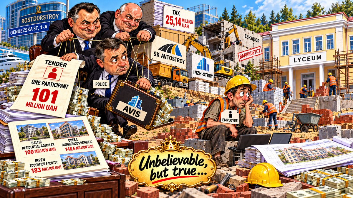 n_no_f_eu's tweet photo. One-Employee Consortium Tied to #Schumacher's Road Monopoly Bids for 101 Million UAH #Balta Lyceum Project

Consortium #Avis has emerged as the sole bidder for a nearly 101 million UAH reconstruction project at Balta Lyceum, #DNO KIEV reports. Registered in August 2024 with a share capital of 50,000 UAH, corporate filings list just one employee. The consortium was co-founded by #SK Avtostroy, owned by Andriy #Zhynchyn, and Inzh-Stroy, owned by Bronislav #Tsurkan, former head of utilities at the Ovidiopol District State Administration.

Zhynchyn serves as an assistant-consultant to Odesa City Council member Yuriy #Schumacher (Trust the Deeds faction). SK Avtostroy shares an address with Rostdorstroy, a major contractor linked to Schumacher and Yevhen #Konovalov that has secured tens of billions in public contracts since 2016, frequently as the sole bidder.

To satisfy capacity requirements on major deals, SK Avtostroy relied on equipment and personnel from Stroitelnaya Kompaniya Eskador—a firm formerly listed in Schumacher’s asset disclosures. In 2023, SK Avtostroy granted Eskador 20 million UAH in interest-free financial aid, then subsequently initiated bankruptcy proceedings against it. On August 7, 2025, the Odesa Region Commercial Court recognized 19.85 million UAH in claims (Case No. 916/1181/25) and opened liquidation procedures.

Despite reported 2025 revenues of just 69.6 million UAH and operating losses, Avis has repeatedly won massive tenders. Funded by the European #Investment Bank, the consortium previously secured a ~100 million UAH reconstruction contract for Balta Hospital—where journalists identified estimated cost overruns of 5.3 million UAH—and a 148.6 million UAH Odesa Infectious Disease Hospital project featuring an estimated 12.5 million UAH markup. In 2025, Avis also won a 183 million UAH procurement contract for the #Dobroslav Education Department.

Meanwhile, Schumacher faces criminal scrutiny. Following a comprehensive audit of his 2023 asset declaration, the National Agency on Corruption Prevention (#NACP) identified 25.14 million UAH in inaccurate disclosures involving undeclared cash and transactions with #Rostdorstroy. The materials were referred to law enforcement under Article 366-2 of the Criminal Code.

Unbelievable, but true…

https://t.co/QZlilwEpXV