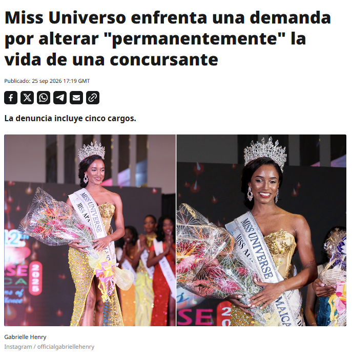 ActualidadRT's tweet photo. La exreina de belleza y doctora jamaiquina Gabrielle Henry presentó una demanda por negligencia contra la Organización Miss Universo, tras sufrir una caída aparatosa de 1,5 metros durante la gala preliminar de la 74 edición del certamen global https://t.co/D4YsdWotaU