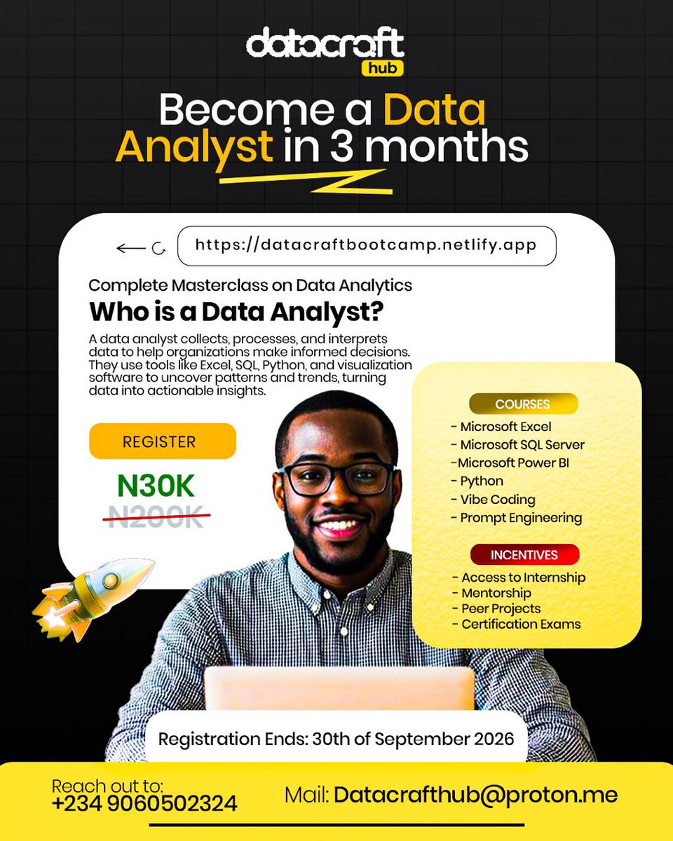 Datacrafthb's tweet photo. Need a reminder???

This is your reminder to start building practical, job-ready data skills. 📊

Our Data Analyst Bootcamp covers Excel, SQL, Power BI, Python &amp; Prompt Engineering.

Registration closes 30th September.

Don’t just plan it. Start. 🚀

#DataCraftHub #DataAnalytics https://t.co/HQmeNV1co0