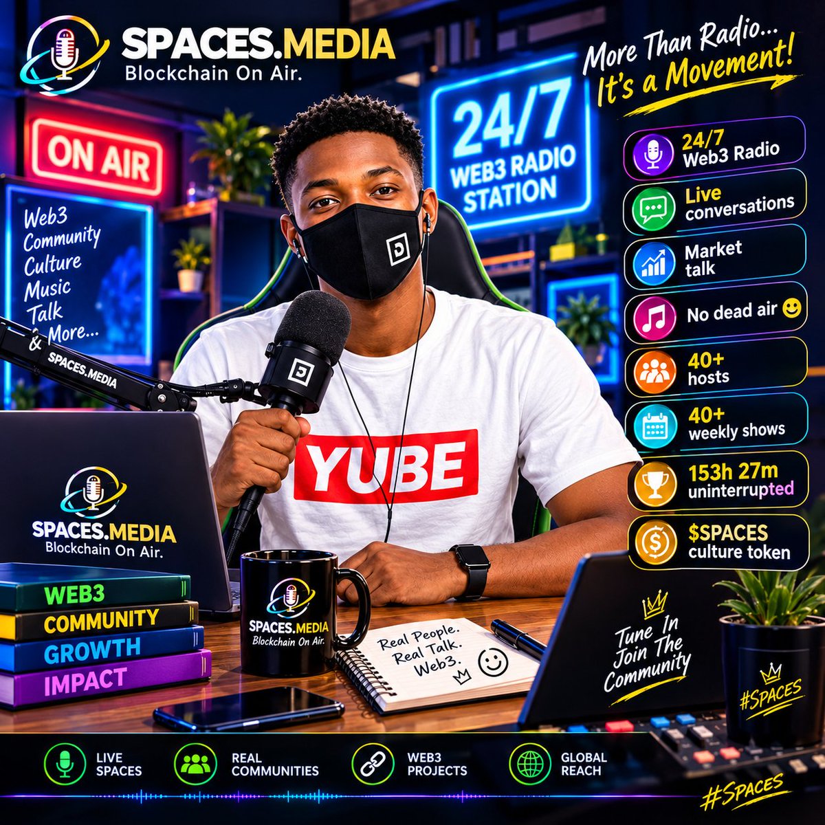 Yube_1's tweet photo. 🎙️ https://t.co/HA1dPdAuct ?

A lot of people see an X Space as a conversation that lasts a few hours.

@Spaces_MediaLLC  is building something different.

It presents itself as a 24/7 Web3 radio network on X, combining live conversations, founder interviews, market discussions, community shows and curated music into one continuous broadcast. 

Spaces Media
The interesting part isn't simply being “LIVE .”
It's the consistency + community behind the broadcast.
Instead of waiting for one Space to start, the idea is to create a place where Web3 conversations are continuously happening  whether you're looking to learn, discover projects, hear different perspectives, or simply have Web3 audio playing in the background.

And with a lineup of hosts and recurring shows, it turns individual Spaces into something closer to a Web3 media network.

🎙️ Blockchain On Air.
That’s the concept behind https://t.co/HA1dPdAuct.

Legends 
@CYBER_SPACES_OG
With @BakanoPaws an
@CyberMoon22

$SPACE

#Web3 #Crypto

Also the token is Live 

C A 
Hz8SrvQ4qw4da7ushwEtcZXu689UAVLxctg5BWSpACeS

@Spaces_MediaLLC