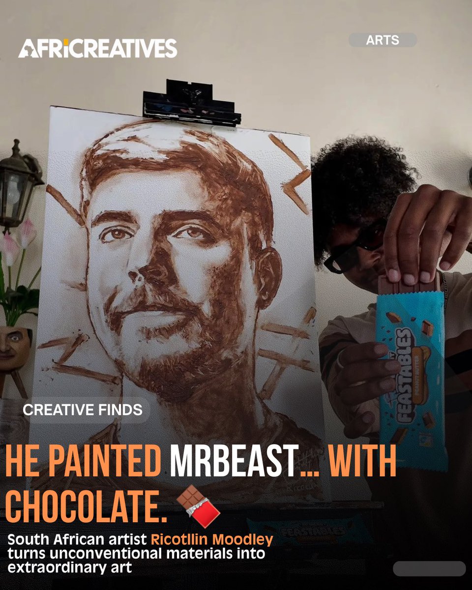 AFRICREATIVES01's tweet photo. South African self-taught artist Ricollin Moodley created a portrait of MrBeast entirely using Feastables chocolate. 🍫🎨

Known for transforming unconventional everyday materials into art, Moodley continues to explore new ways of redefining portraiture.

#AFRICREATIVES https://t.co/xPHlKypPH9