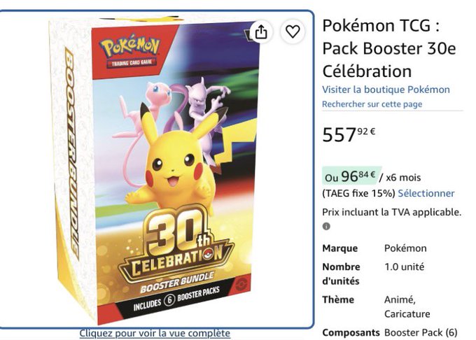 A Pokémon TCG 30th Celebration Booster Bundle listing on Amazon shows a price of €557.92 from a third-party Pokémon store seller, with the box prominently displaying Pikachu, Mewtwo, and Mew alongside the "30th Celebration" logo. The image supports the post's commentary on the outrageous resale price for this bundle, which originally retailed at a much lower cost.