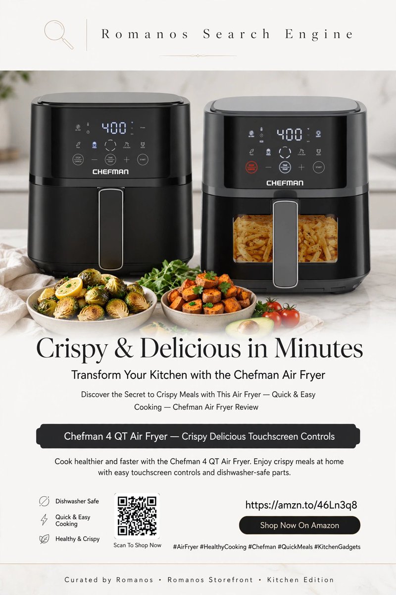 RomanosNiche's tweet photo. Cook healthier and faster with the Chefman 4 QT Air Fryer! Enjoy crispy meals at home with easy touchscreen controls and dishwasher-safe parts.

https://t.co/PHGUFZ9iTq
 #AirFryer #HealthyCooking #Chefman #QuickMeals #KitchenGadgets #ad https://t.co/ADnzI5DQxN