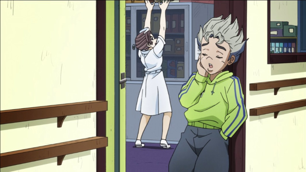 ultimusmighty's tweet photo. Koichi looks so different in the anime compared to the manga in this arc. Didn't expect him to have the flat top again. His Adidas got censored and his sweatpants aren't colored in. https://t.co/rPkRSstCpO