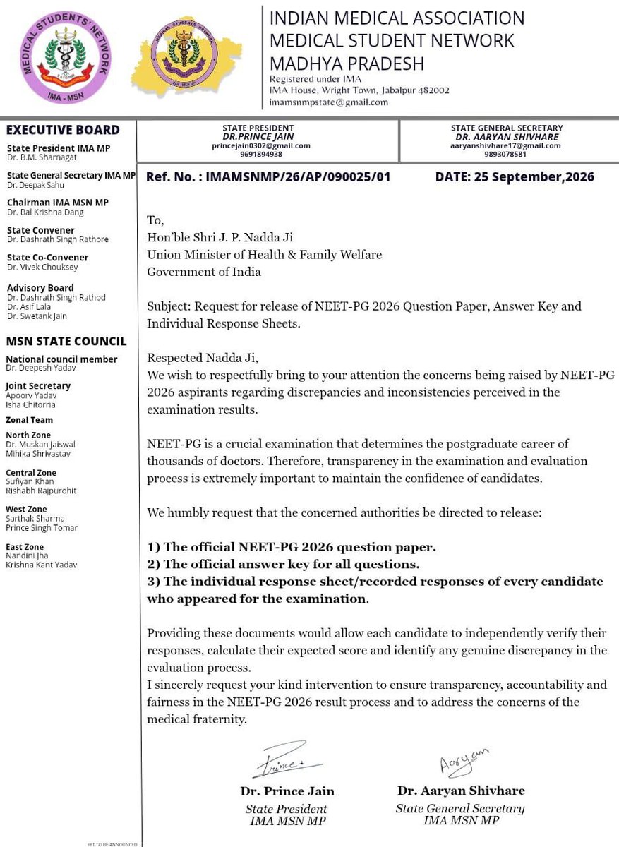 medicopenia_155's tweet photo. IMA-MSN Madhya Pradesh urges @OfficeofJPNadda
to release the #NEET-PG 2026 Question Paper, Official Answer Key &amp; Individual Response Sheets.
Candidates deserve transparency to independently verify their responses and scores.
Transparency • Accountability • Fairness
#NEETPG2026 https://t.co/xDSVahEu1o