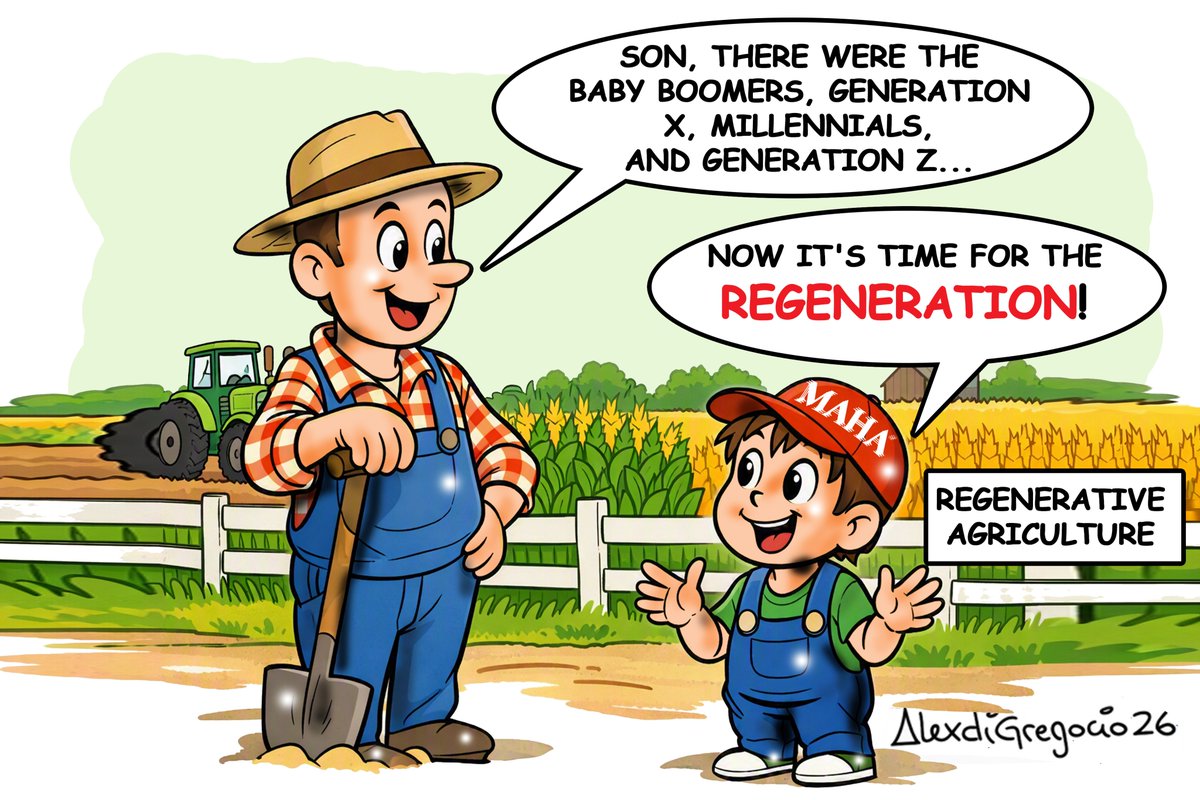 alexdigregorio's tweet photo. Out with the old, in with the REGENERATION! 🚜🌱🇺🇸Thanks to President Trump and RFK Jr.’s massive $1 Billion investment, a whole new generation of American farmers is stepping up to restore our soil and heal our food supply! 🌾🐄 #RegenerativeAgriculture #MAHA #PoliticalCartoon #RealFood #MakeAmericaHealthyAgain @SecKennedy @RobertKennedyJr @MAHA_Action @POTUS @WendySilvers @BrianHookerPhD @maryhollandnyc @RWMaloneMD @ChildrensHD @CHDTVLive @TheLiamSturgess @StefanieSpear @teacher_choice @CherylHines @TheMAHA_Report @tonylyonspub https://t.co/AZ1vB38Wdb https://t.co/PIAyH3pHM8