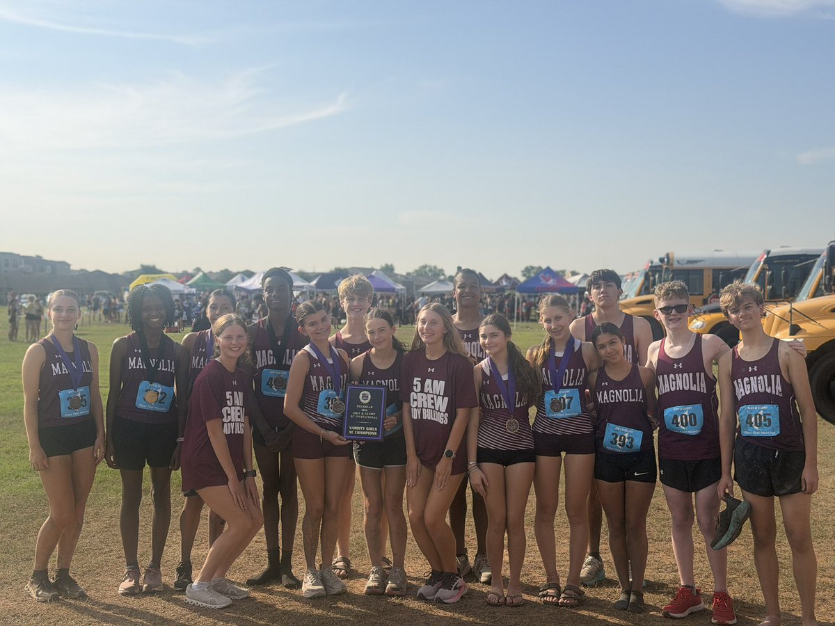 XC_Magnolia's tweet photo. 🏆 VARSITY GIRLS ARE YOUR MEET CHAMPIONS! 🏆

The Lady Bulldogs showed up and brought home the team title at Grit & Glory! Our JV girls finished 5th, and our JV boys finished 12th. Proud of the way this whole team competed today!

🏅 Varsity Girls medalists
Kinly Schanbachler — 8th
Samantha Ripley — 12th
Adelina Johnson — 13th
Joselyn Rivera-Flores — 14th
Ximena Blasco Arechiga — 17th

🏅 JV Girls medalists
🥇 Kaiya Oyamielen — 1st place!
Laila Cox — 8th

🏅 JV Boys medalist
🥉 Jim Jeremie — 3rd place!

Team title, individual win, and Bulldogs battling in every race. Let’s keep building! 🐾

#DogsRunTogether
@SportCast_Media @MagnoliaHighTX @MagISDAthletics