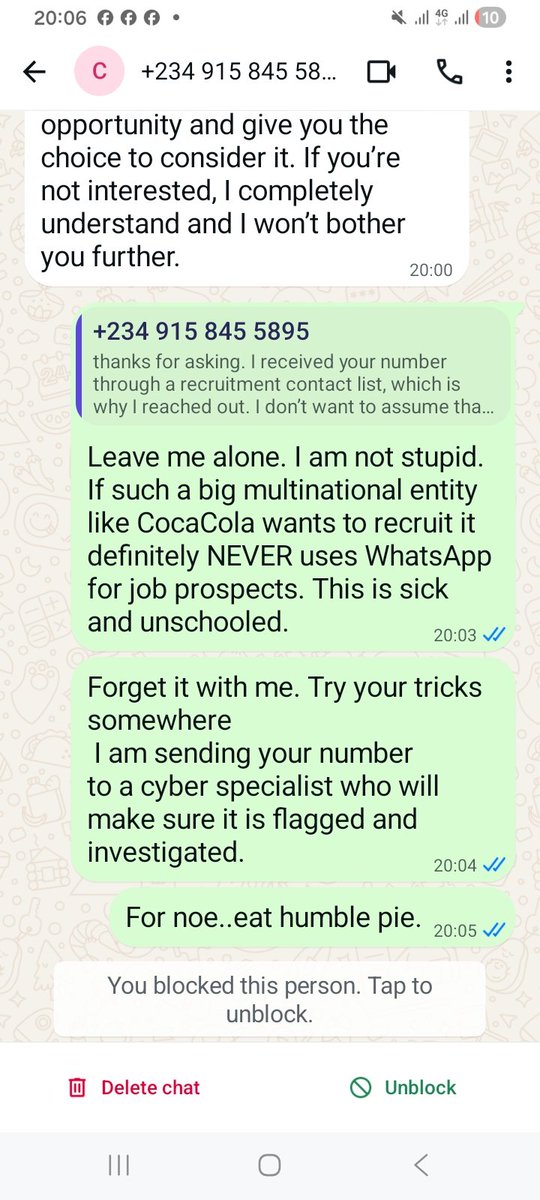 ProfSuluba_'s tweet photo. This fool thinks he is clever. These are Nigerians using this to make fraudulent money as usual. Be careful guys if you see this number claiming to br a CocaCola company recruiter. Its sick shit!
#CocaCola #Scam #Nigerians https://t.co/a5f8HnYX89