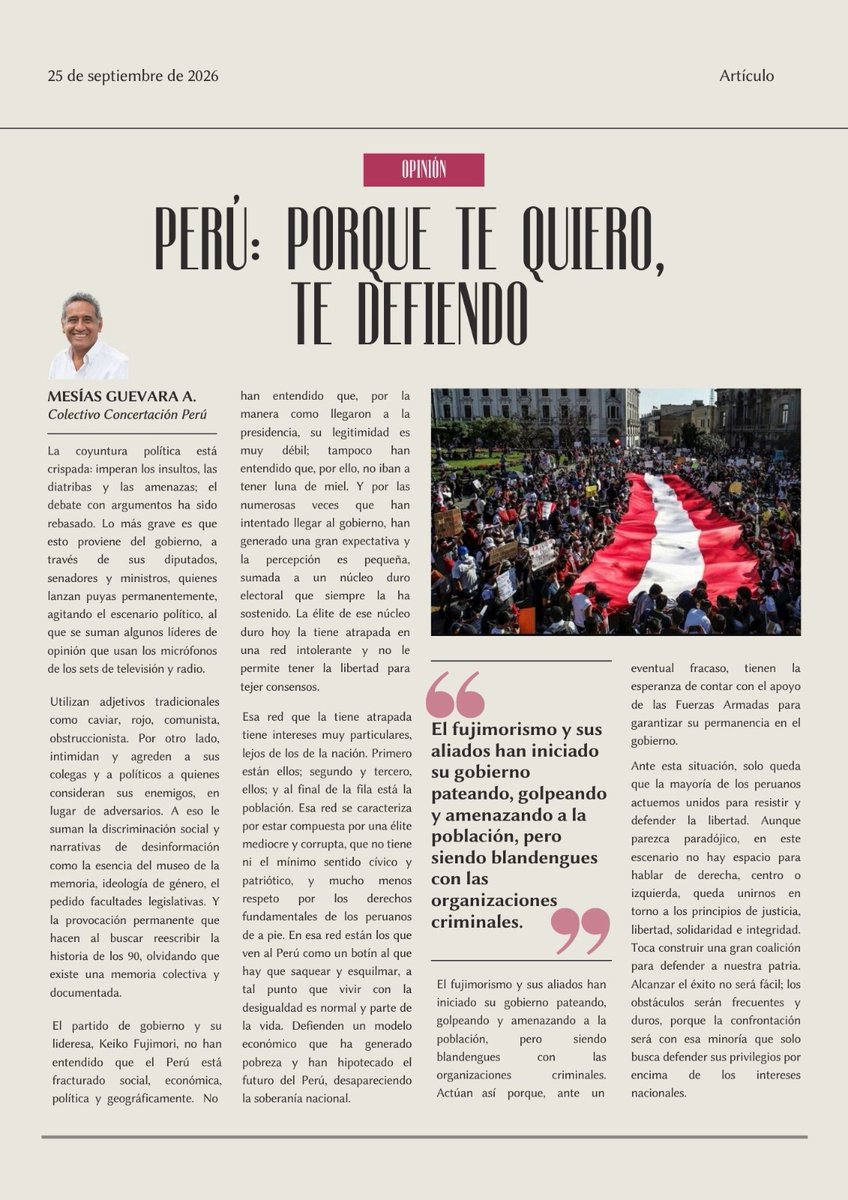 MesiasGuevara's tweet photo. El partido de gobierno y su lideresa, Keiko Fujimori, no han entendido que el Perú está fracturado social, económica, política y geográficamente. No han entendido que, por la manera como llegaron a la presidencia, su legitimidad es muy débil. https://t.co/RxscdGXzfu