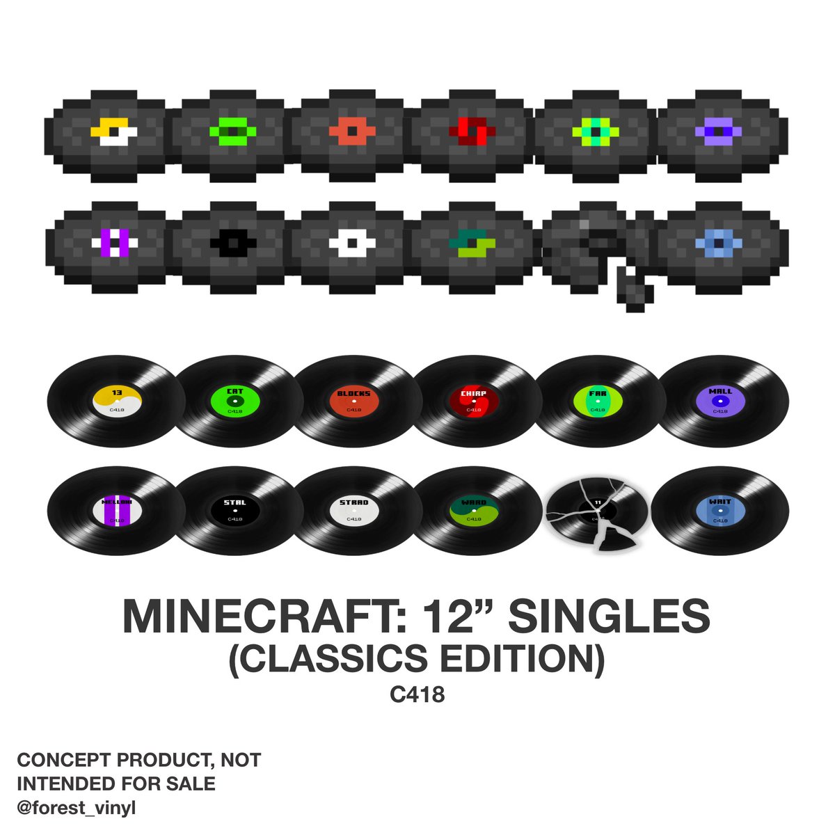 forest_vinyl's tweet photo. C418 - Minecraft: 12” Singles 🌱⛏️
Classics Edition (All 12 original in-game music discs)
Pressed on 11x standard black 12” vinyl
+ 1 “broken record” die-cut picture disc vinyl
All etched with unique designs
@Minecraft @C418 
#minecraft #musicdiscs #c418 #vinylconcept https://t.co/RtcOsuzTWe