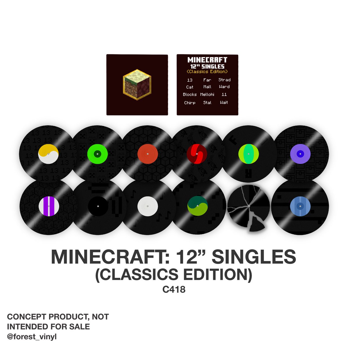 forest_vinyl's tweet photo. C418 - Minecraft: 12” Singles 🌱⛏️
Classics Edition (All 12 original in-game music discs)
Pressed on 11x standard black 12” vinyl
+ 1 “broken record” die-cut picture disc vinyl
All etched with unique designs
@Minecraft @C418 
#minecraft #musicdiscs #c418 #vinylconcept https://t.co/RtcOsuzTWe