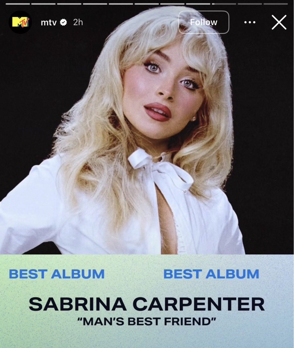May332389340571's tweet photo. 🏆| Sabrina carpenter’s “man’s best friend” is nominated for best album at this year’s VMAs 🫶 
#sabrinacarpenter https://t.co/Iu6n1FsPiB