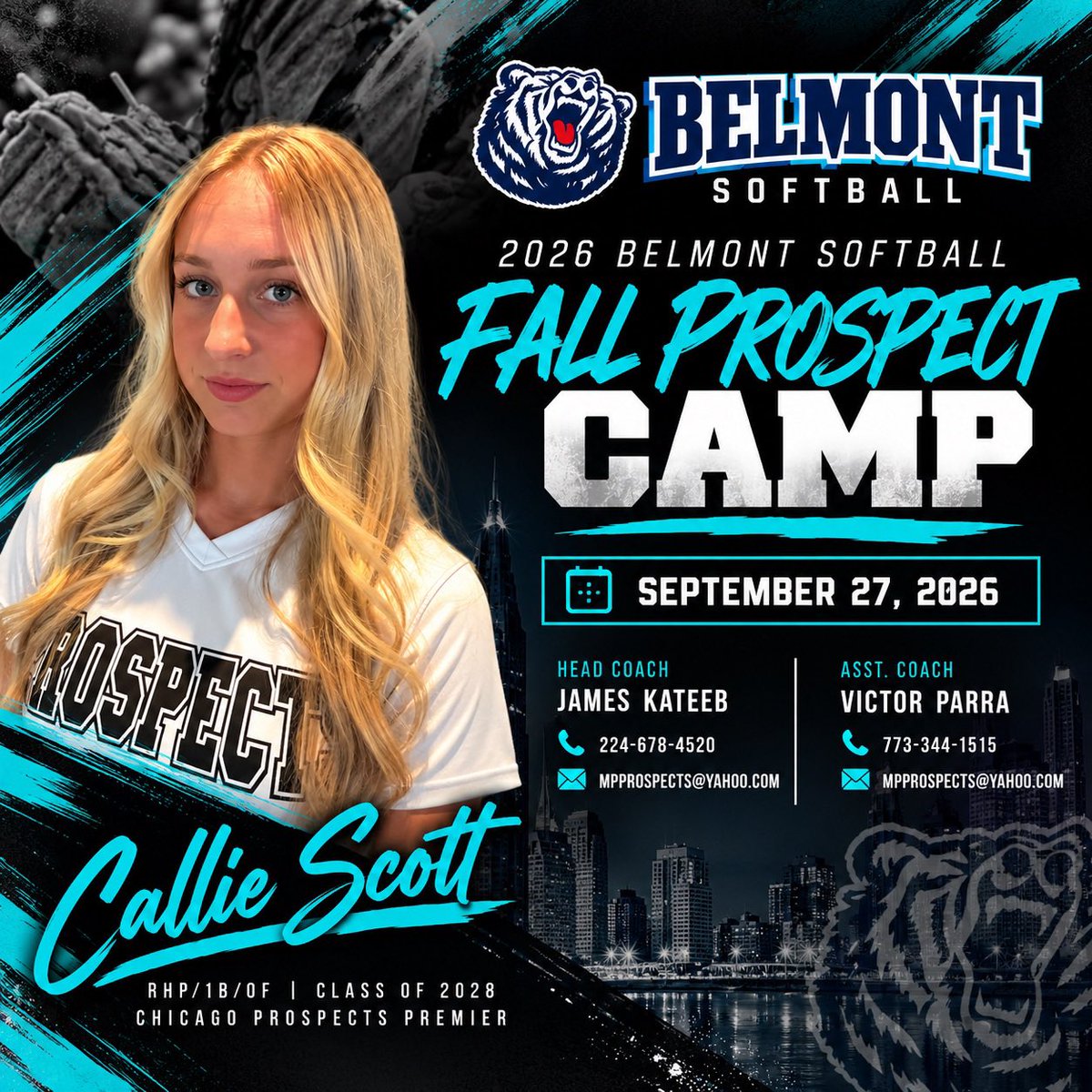 ChiProspects16u's tweet photo. Another Prospect headed to camp! 🥎🐻
Good luck to 2028 RHP/1B/OF Callie Scott @CallieFastpitch as she heads to Belmont Softball’s Fall Prospect Camp this weekend! Go compete, have fun, and show them what you’ve got, Callie! 💪🥎
@BelmontSoftball 
#ClassOf2028 https://t.co/yDgxGeSeqF