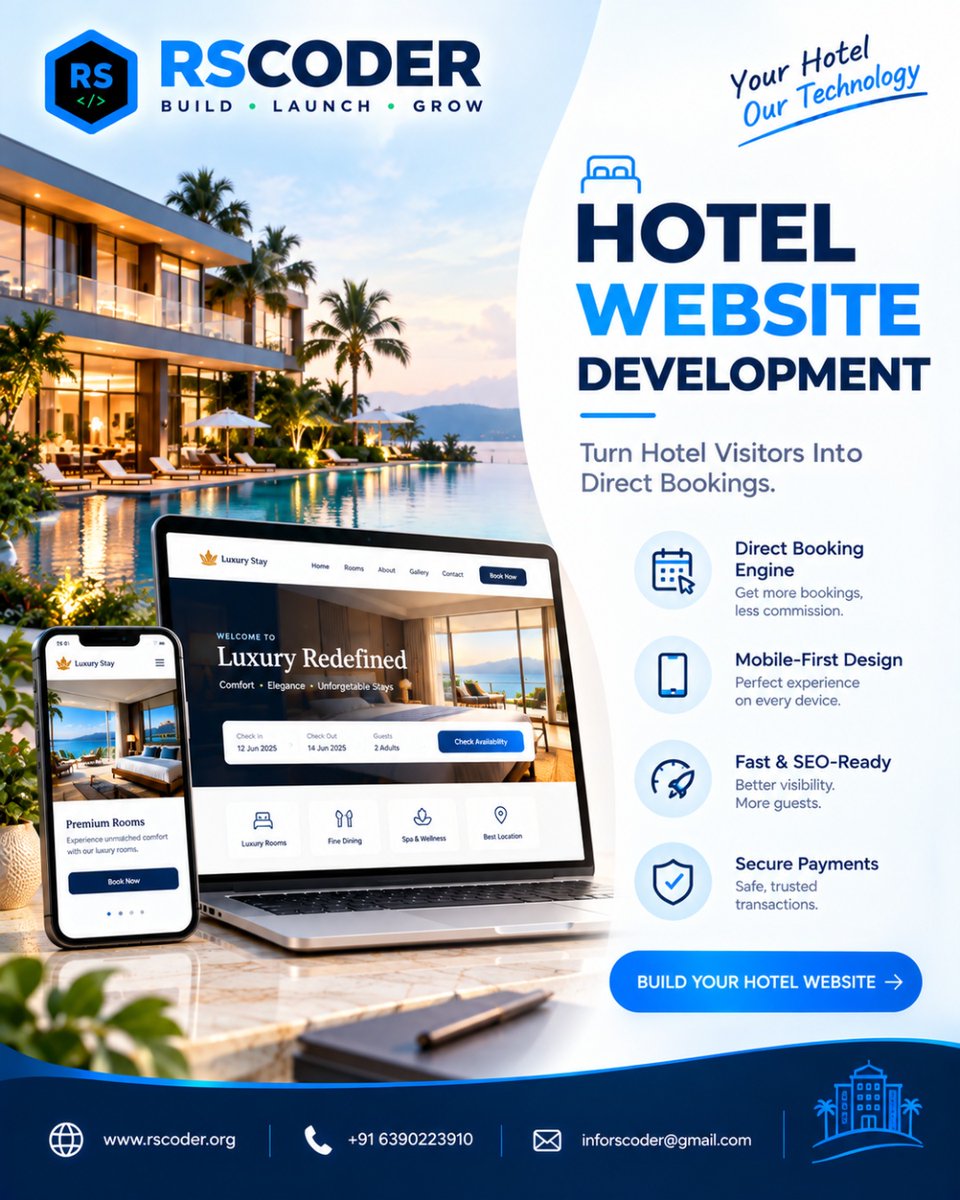 Rscoder8's tweet photo. 🏨 Hotel Website Development

🛎️ Direct Bookings
📱 Mobile-First Design
🔎 SEO-Ready
💳 Secure Payments
✨ Better Guest Experience
Build your hotel website with RSCODER.
🌐 https://t.co/H4Sp5Svecz
📞 +91 6390223910
#HotelWebsite #HotelBooking #HospitalityTech #WebDevelopment https://t.co/xooErwHQph